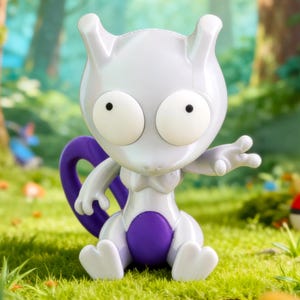 May include: A white and purple figurine of a cartoon character with large eyes, sitting in a grassy area. The figurine has a purple tail and accents, with a neutral expression. A red and white ball is in the background.