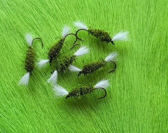 Fly Fishing Flies . (6 only "B  Bomber) White Tails, / Olive Deer Hair Body,,  Green/Grizzly Hackle.Size #4