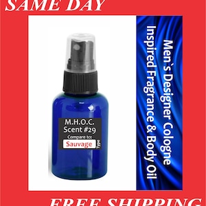 May include: A blue plastic spray bottle with a black pump nozzle and a clear cap. The label features the text M.H.O.C. Scent #29 Compare to: Sauvage Type. The bottle is positioned against a blue background with white text on the right side.