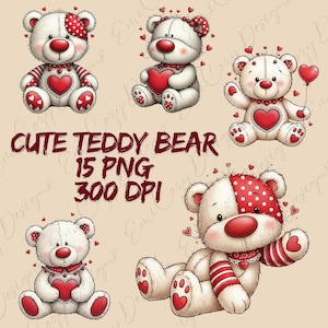 May include: A collection of cute teddy bear illustrations in various poses. The bears are white with red accents, including hearts, polka dots, and striped details. The text "CUTE TEDDY BEAR 15 PNG 300 DPI" is displayed.
