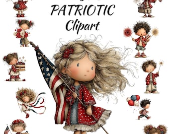 64 imágenes JPG de clipart infantil patriótico y original: lindo conjunto de arte para niña y niño con la bandera de EE. UU. para el 4 de julio.