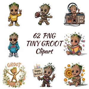 62 PNG Tiny Groot Clipart Bundle, Cute Baby Groot PNG, Cartoon Groot Character, Birthday, Music, Reading, Swag Clipart Set