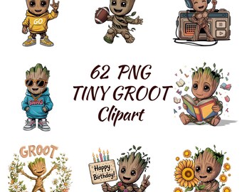 62 PNG Tiny Groot Clipart Bundle, Cute Baby Groot PNG, Cartoon Groot Character, Birthday, Music, Reading, Swag Clipart Set