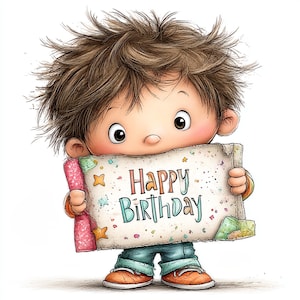 May include: A cartoon illustration of a young child holding a sign that says "Happy Birthday." The child has brown hair, big eyes, and is wearing blue jeans and orange shoes. The sign is decorated with stars and confetti.