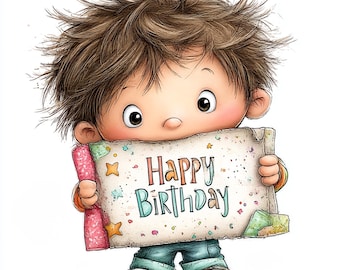 63 imágenes JPG de un niño de cumpleaños caprichoso, imágenes prediseñadas de un niño con el pelo despeinado y adorable, ilustración de pastel de cumpleaños infantil, sublimación de regalos con globos
