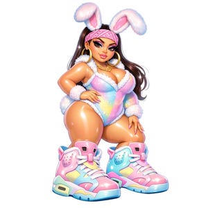 Puede incluir: Una ilustraci&oacute;n digital de un personaje que viste un body de arco&iacute;ris pastel con ribete de piel sint&eacute;tica blanca, un pa&ntilde;uelo rosa, pendientes de aro dorados, un collar dorado y orejas de conejo blancas. El personaje lleva zapatillas altas en rosa y azul.