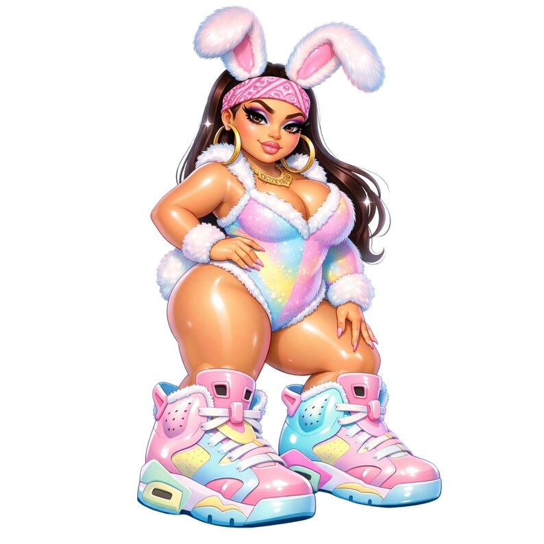 Puede incluir: Una ilustraci&oacute;n digital de un personaje que viste un body de arco&iacute;ris pastel con ribete de piel sint&eacute;tica blanca, un pa&ntilde;uelo rosa, pendientes de aro dorados, un collar dorado y orejas de conejo blancas. El personaje lleva zapatillas altas en rosa y azul.