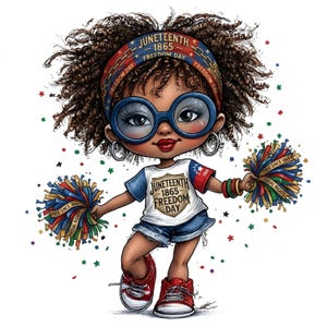 Op de afbeelding: Cartoon illustratie van een meisje met krullend bruin haar, met een hoofdband en een bril. Ze houdt kleurrijke pompons vast en draagt een t-shirt met de tekst "Juneteenth 1865 Freedom Day". Ze draagt rode sneakers en een spijkerbroek.