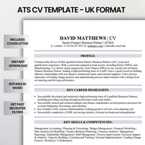 ATS CV Template UK / Professional Word Resume / Editable cv + Cover Letter / Instant Download