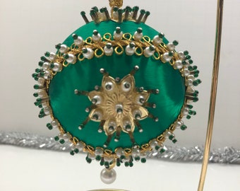 Vintage Green Satin Beaded Ornament Free Shipping