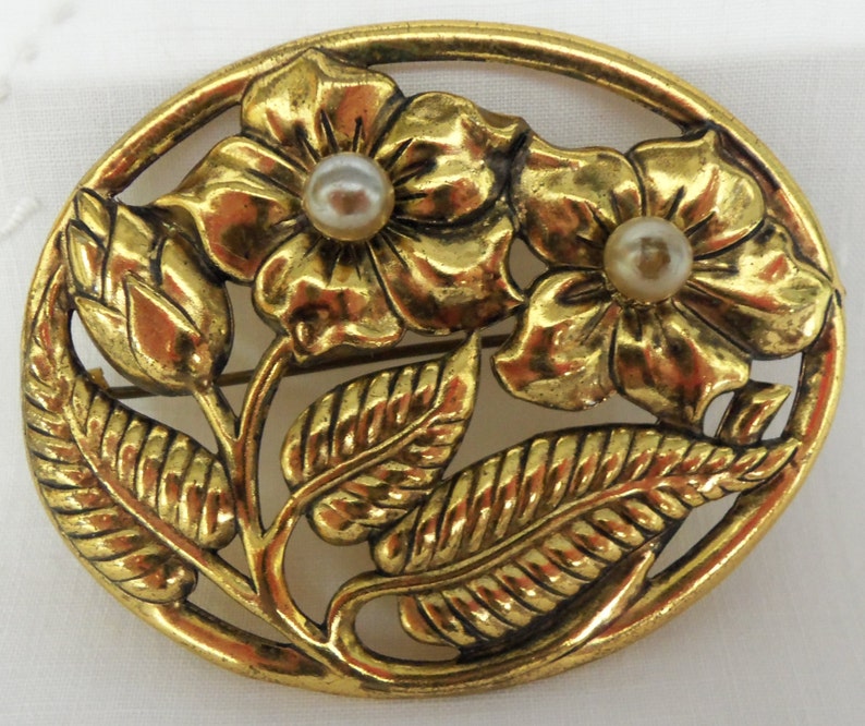 Vintage Brooch Brass and Pearl REPOUSSE Art Nouveau Style Pin Etsy