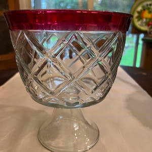Indiana Glass Cranberry Flash Band Clear Lattice Footed Trifle Bowl