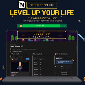 Sjabloon voor gamified notie | Verbeter je leven | RPG-levensplanner | Quest & XP-systeem | Gewoontetracker | Dashboard hoofdpersonage