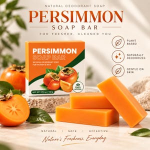 Può includere: Una saponetta rettangolare arancione al cachi con scatola abbinata recante il testo Persimmon Soap Bar, Net Wt. 3.53 oz / 100 g e 100% Natural. La confezione mostra cachi freschi e foglie, con icone per vegetale, deodorante naturale e delicato sulla pelle.
