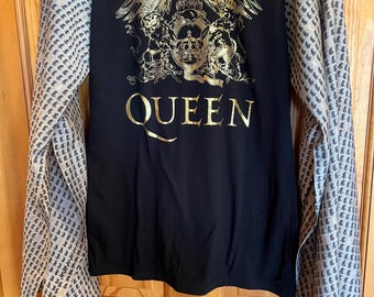 Upcycled Queen tshirt with flowing sleeves.