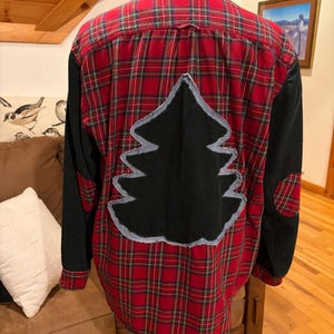 Chistmas tree mashed up button down upcycled from thrifted flannel and corduroy!