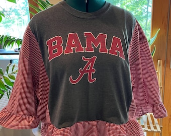 Oversized BAMA tshirt with red gingham sleeves, sides and ruffles! Alabama school spirit!