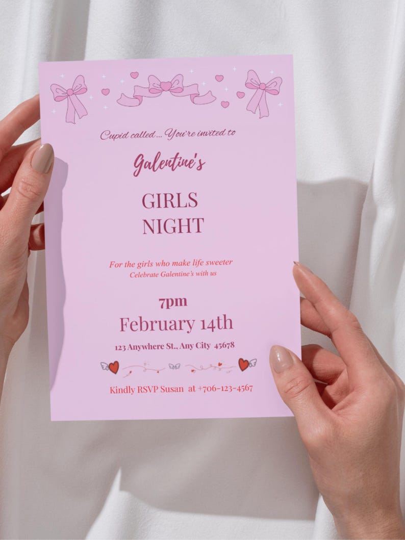 Pink Bow Galentine's Day Invitation, Girls Night Out (editable Template ...