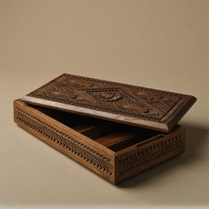May include: A rectangular wooden box with a partially open lid. The lid features intricate carved floral and geometric patterns. The sides of the box are decorated with a repeating notched border design. The interior is divided into three sections.