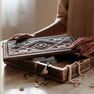 Hand-carved solid walnut wood jewelry box - UNESCO-recognized craftsmanship | Dunya - WAGA image 2