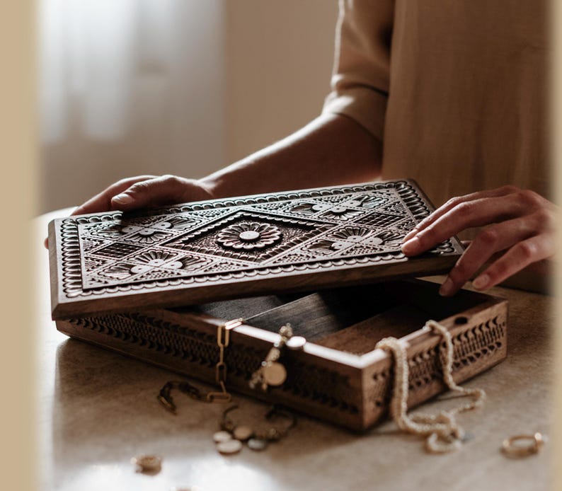 Hand-carved solid walnut wood jewelry box - UNESCO-recognized craftsmanship | Dunya - WAGA image 2