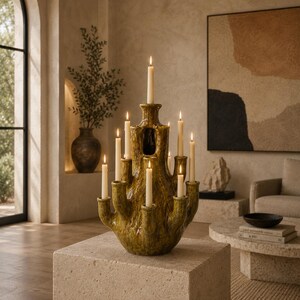 Può includere: Un candelabro in ceramica verde oliva a più livelli con una superficie organica e testurizzata. La struttura presenta numerosi supporti cilindrici disposti ad altezze variabili, ognuno contenente una candela sottile accesa.