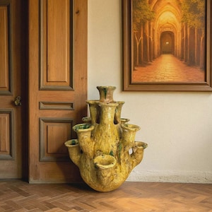 Large Yellow Tamegroute Multi-Spout Vase – Handcrafted Moroccan Pottery (20.5")