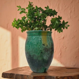 May include: A green ceramic vase with a textured surface, holding a leafy green plant. The vase has a dark green base that fades to a lighter green with yellow accents. The vase is sitting on a wooden surface.