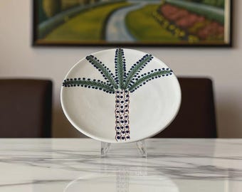Plato de cerámica marroquí con palmera pintada y grabada a mano (juego de 2 platos)