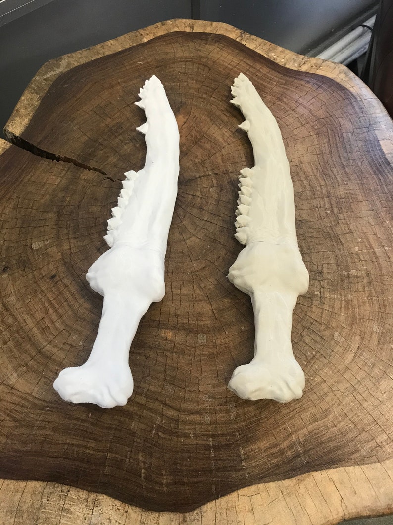 May include: Two white, ceramic, stylized, shark jaw-shaped daggers on a wooden surface.