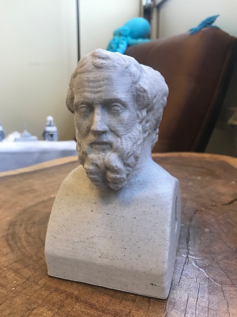 May include: A gray 3D printed bust of a man with a beard. The bust is sitting on a wooden surface.