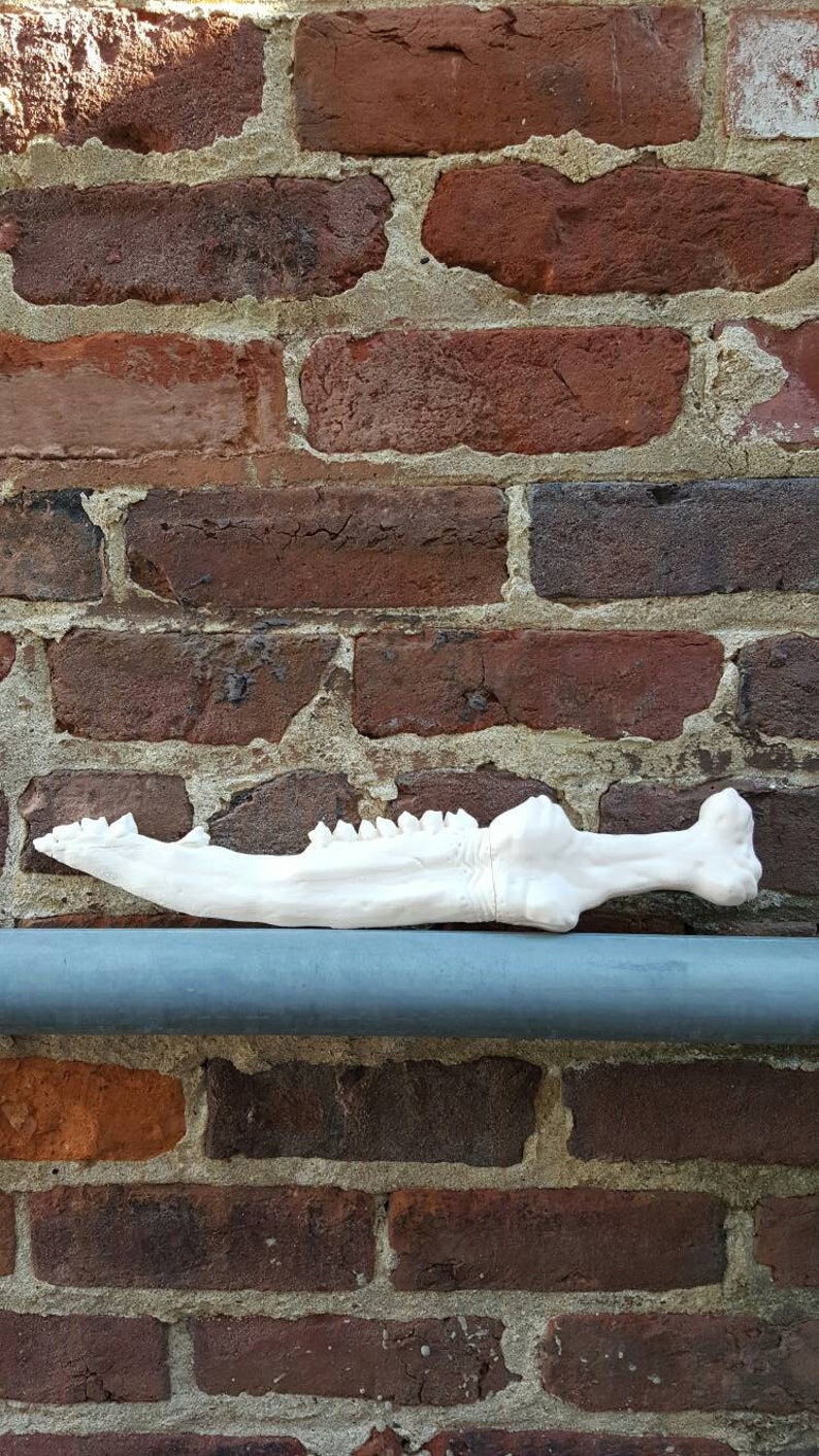 May include: A white, ceramic, dragon-shaped sword with a textured surface and a row of teeth along the top. The sword is resting on a gray metal pipe.