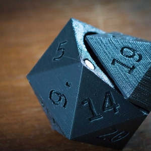 May include: A black, 20-sided die with numbers 5, 14, 19, and 6 visible. The die is made of a textured plastic and has a unique design.