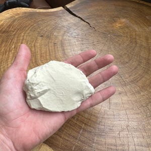 May include: A close-up of a hand holding a white, irregularly shaped rock. The rock has a rough, textured surface.