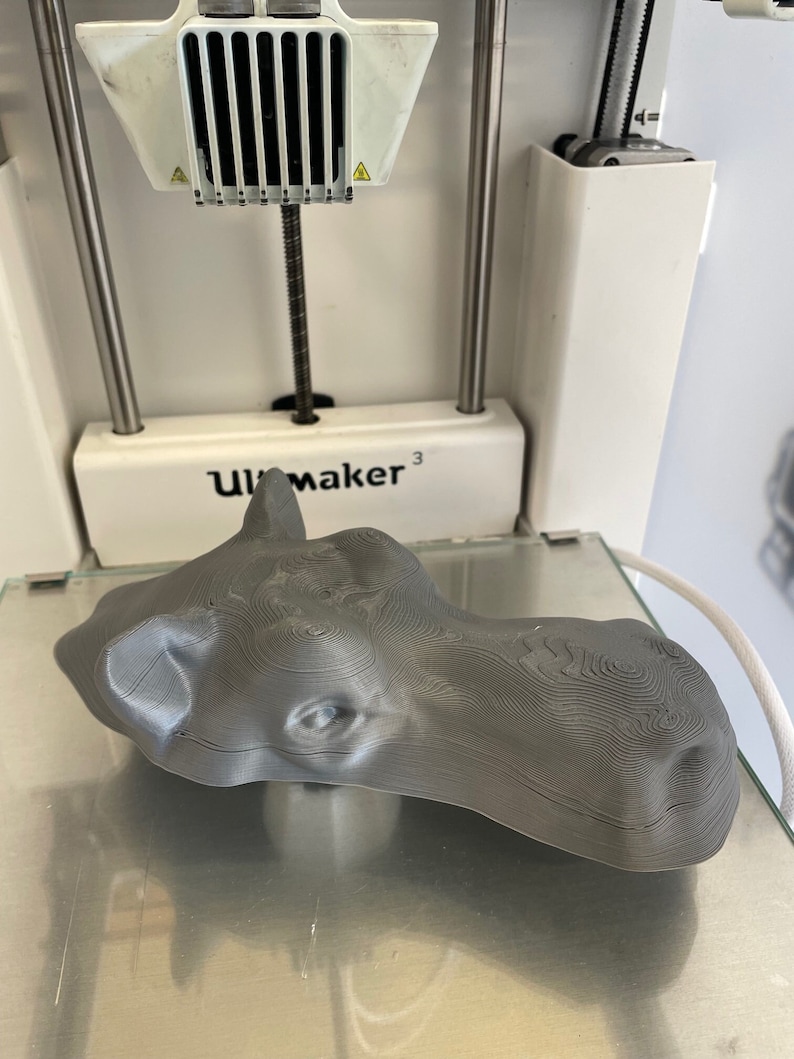 May include: A gray 3D printed hippopotamus head, printed on a 3D printer with the UltiMaker logo visible.