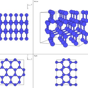 Puede incluir: Un modelo 3D de una estructura de red cristalina. El modelo muestra la disposici&oacute;n de los &aacute;tomos en un cristal. Los &aacute;tomos est&aacute;n representados por esferas azules, y los enlaces entre ellos est&aacute;n representados por l&iacute;neas. El modelo se muestra desde cuatro &aacute;ngulos diferentes: arriba, delante, derecha y activo.
