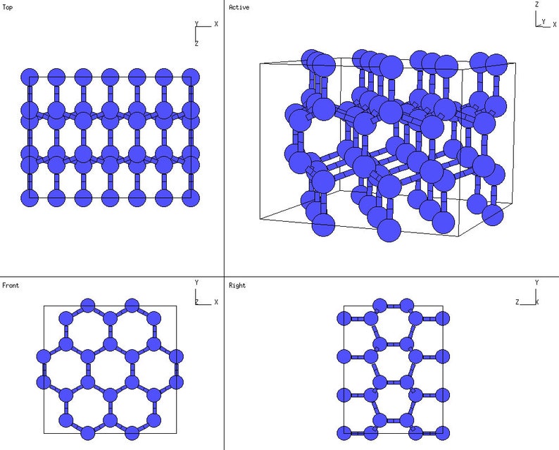 Puede incluir: Un modelo 3D de una estructura de red cristalina. El modelo muestra la disposici&oacute;n de los &aacute;tomos en un cristal. Los &aacute;tomos est&aacute;n representados por esferas azules, y los enlaces entre ellos est&aacute;n representados por l&iacute;neas. El modelo se muestra desde cuatro &aacute;ngulos diferentes: arriba, delante, derecha y activo.