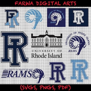 Può includere: File di arte digitale con l'Università di Rhode Island. Include la lettera "R", il logo dei Rams e il nome dell'università. Disponibile nei formati SVG, PNG e PDF. Colori blu scuro e azzurro.