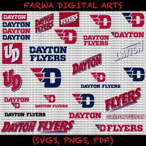 May include: A digital art design featuring multiple variations of the words "Dayton" and "Flyers" in red, white, and navy blue. The design includes logos and text, suitable for digital art projects. The text "FARWA DIGITAL ARTS" is at the top.