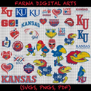 May include: A digital art design featuring various Kansas Jayhawks graphics. Includes the text "KU," "Kansas," and images of the Jayhawks mascot, hearts, and other related symbols. The design is available in SVG, PNG, and PDF formats.