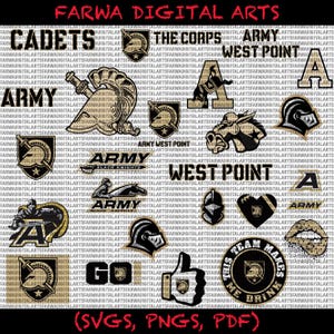 Puede incluir: Colección de diseños de arte digital con las palabras "Cadets", "Army" y "West Point", junto con emblemas y gráficos relacionados. Incluye texto como "The Corps" y "Go". Disponible en formatos SVG, PNG y PDF.