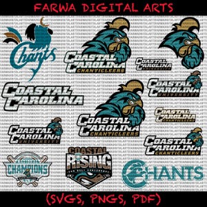 May include: A collection of digital graphics featuring the Coastal Carolina Chanticleers logo and wordmarks. Designs include the team's mascot, text, and the phrase "Sun Belt Conference". Formats include SVGs, PNGs, and PDFs.