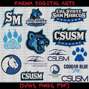 Könnte beinhalten: Eine Sammlung digitaler Kunstdateien mit Logos und Grafiken für Cal State San Marcos, einschließlich des Schulnamens, des Cougars-Maskottchens und der Buchstaben "CSUSM". Die Designs sind in Blau und Weiß gehalten.