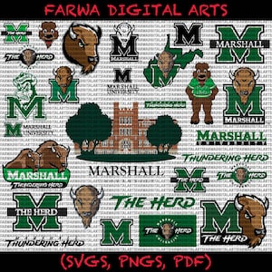 Op de afbeelding: Een verzameling digitale kunstontwerpen met het logo van Marshall University, de mascotte en de tekst "The Herd". Bevat logo's, een mascotte en de naam van de universiteit in groen en wit. Formaten zijn SVGs, PNG's en PDF's.