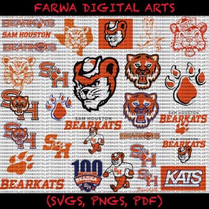 Może przedstawiać: Projekt grafiki cyfrowej z wieloma pomarańczowymi i czarnymi logo i ilustracjami Bearkats. Obraz zawiera tekst "FARWA DIGITAL ARTS" i "BEARKATS" z typami plików (SVGS, PNGS, PDF).
