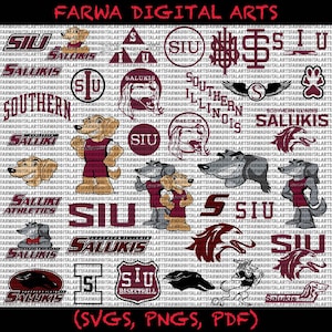 Puede incluir: Una colección de diseños de arte digital con el logotipo y la mascota de los Salukis de la Universidad del Sur de Illinois. Incluye varios logotipos, texto e ilustraciones de perros de dibujos animados en granate y blanco. El texto incluye "FARWA DIGITAL ARTS".