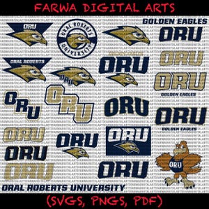 May include: A digital art design featuring multiple logos and text related to Oral Roberts University (ORU) and the Golden Eagles. Includes logos, text, and the university's name, in navy and gold.