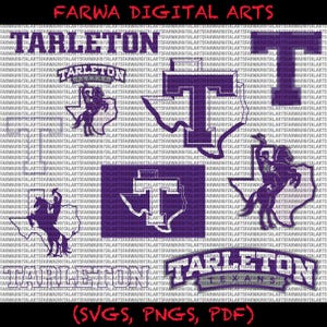 May include: A digital art design featuring multiple purple Tarleton State University logos and text elements. The design includes the university name, a stylized "T", and a rider on a horse. Text at the bottom reads "(SVGS, PNGS, PDF)".