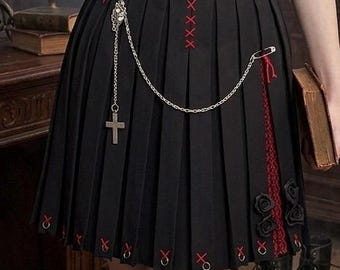 Goth Pleated Mini Skirt with Cross Charms and Red X Stitch Detail