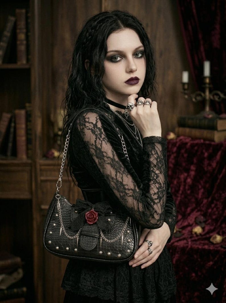 May include: Black handbag with a silver chain strap, studded details, and a red rose accent. The bag has a bow and spike details. The woman is wearing a black lace top and multiple rings.